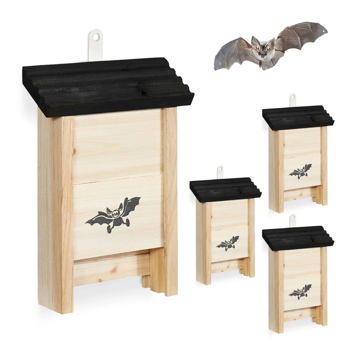 Relaxdays Fledermauskasten Tannenholz Metall Schwarz 4er Set 25 cm x 18 cm x 6 cm je 320 g