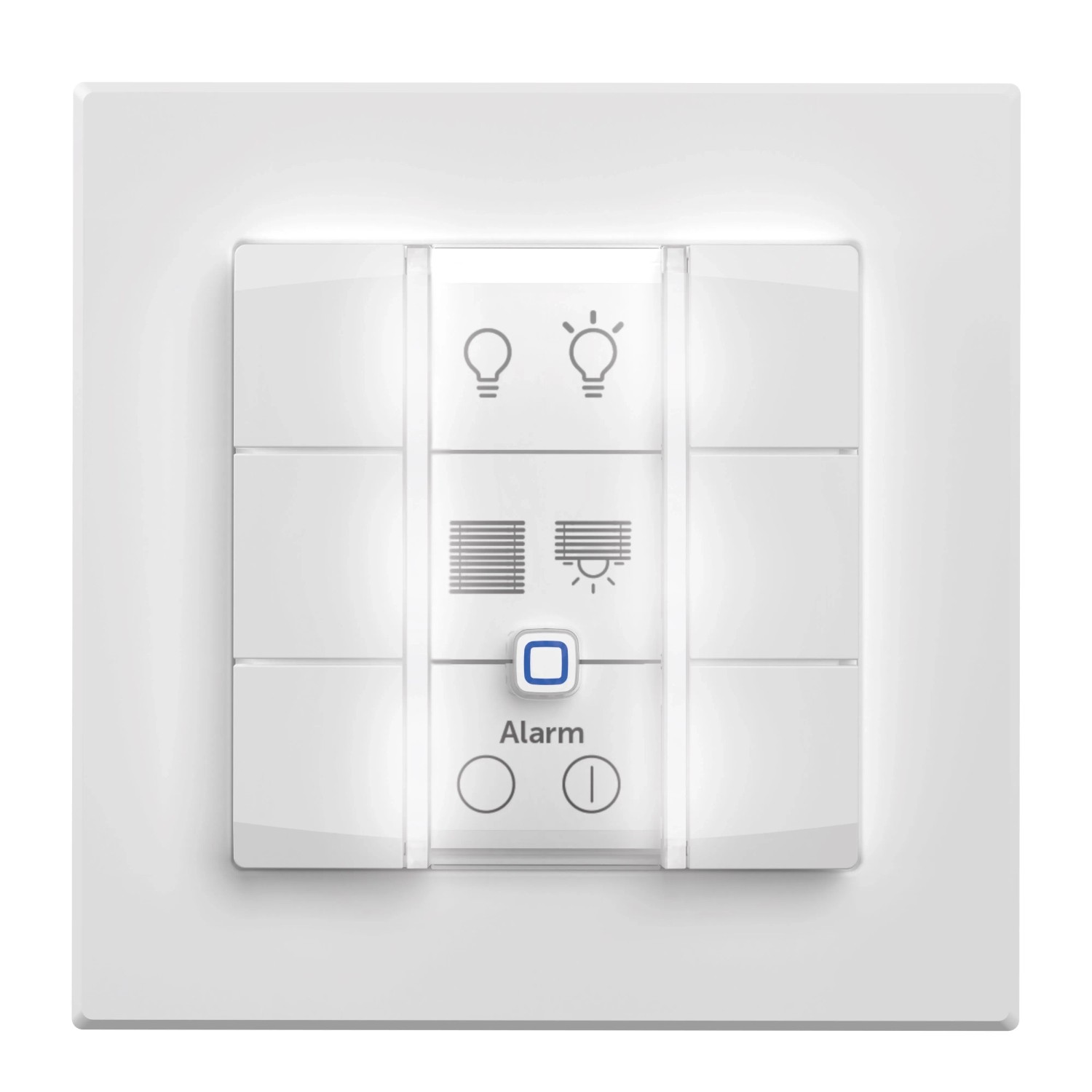 Weißer Homematic IP Wandtaster 6-fach für Hausautomation. Tasten mit Symbolen für Licht, Jalousie, Alarm.