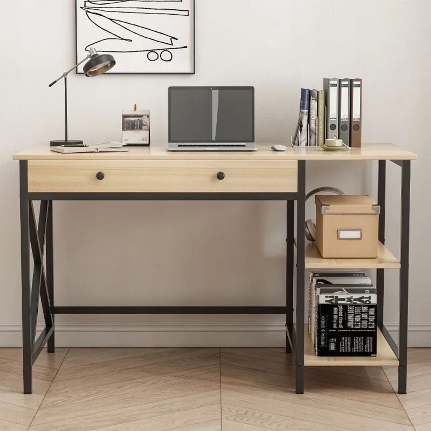 Rebiko Schreibtisch im Industrial Loft Stil mit Schublade und Regalen, helles Eichenholz