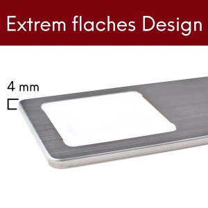 Detailaufnahme: Sehr flache LED Unterbauleuchte aus gebürstetem Edelstahl, 4mm hoch.