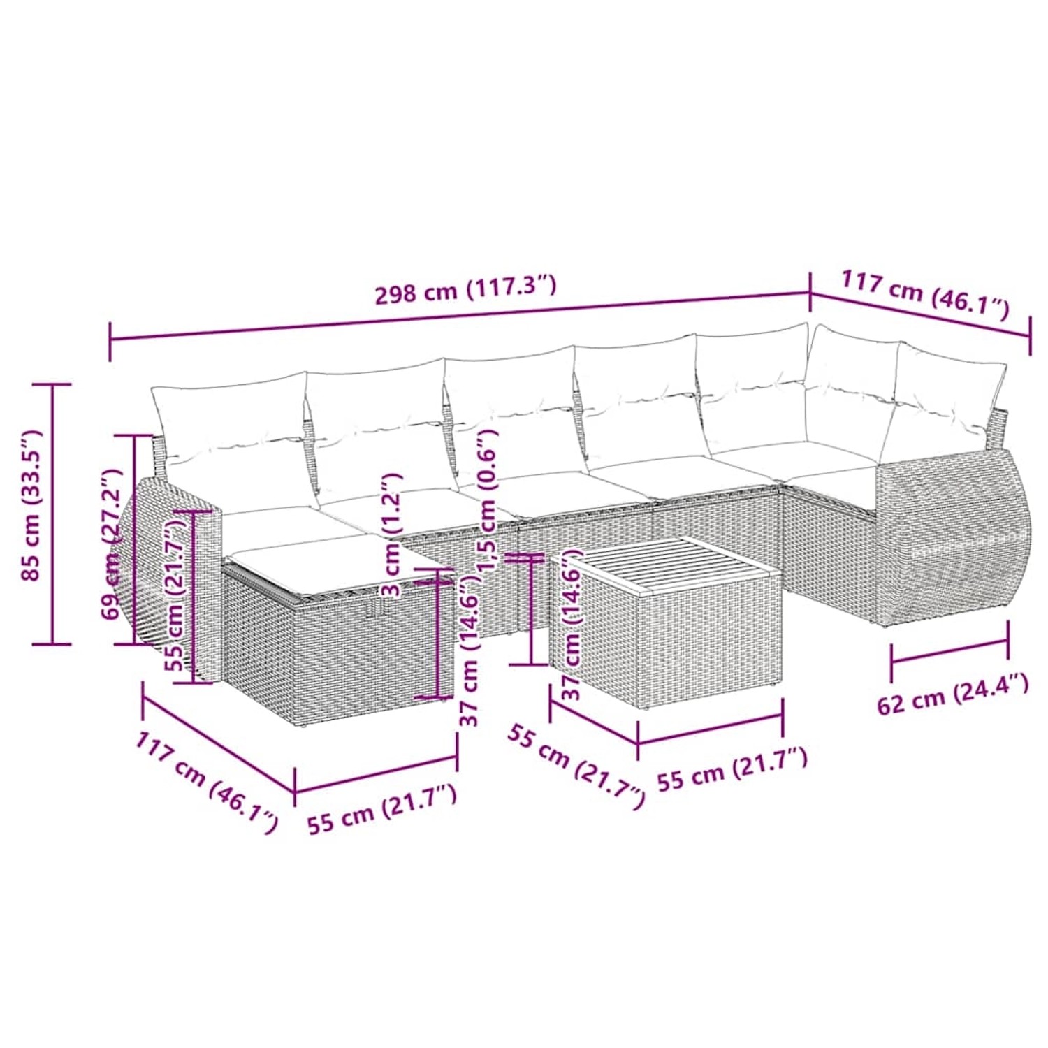 vidaXL 8-tlg. Garten-Sofagarnitur Beige Poly Rattan mit Maßen, bestehend aus Sofa, Tisch und Hockern.