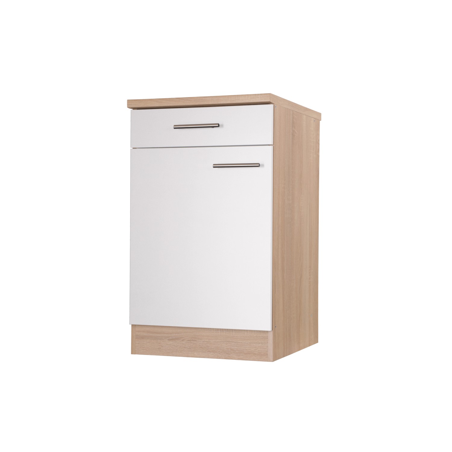 Respekta Unterschrank Merle, 50 cm, Weiß mit Schublade und Tür, Metallgriffe.