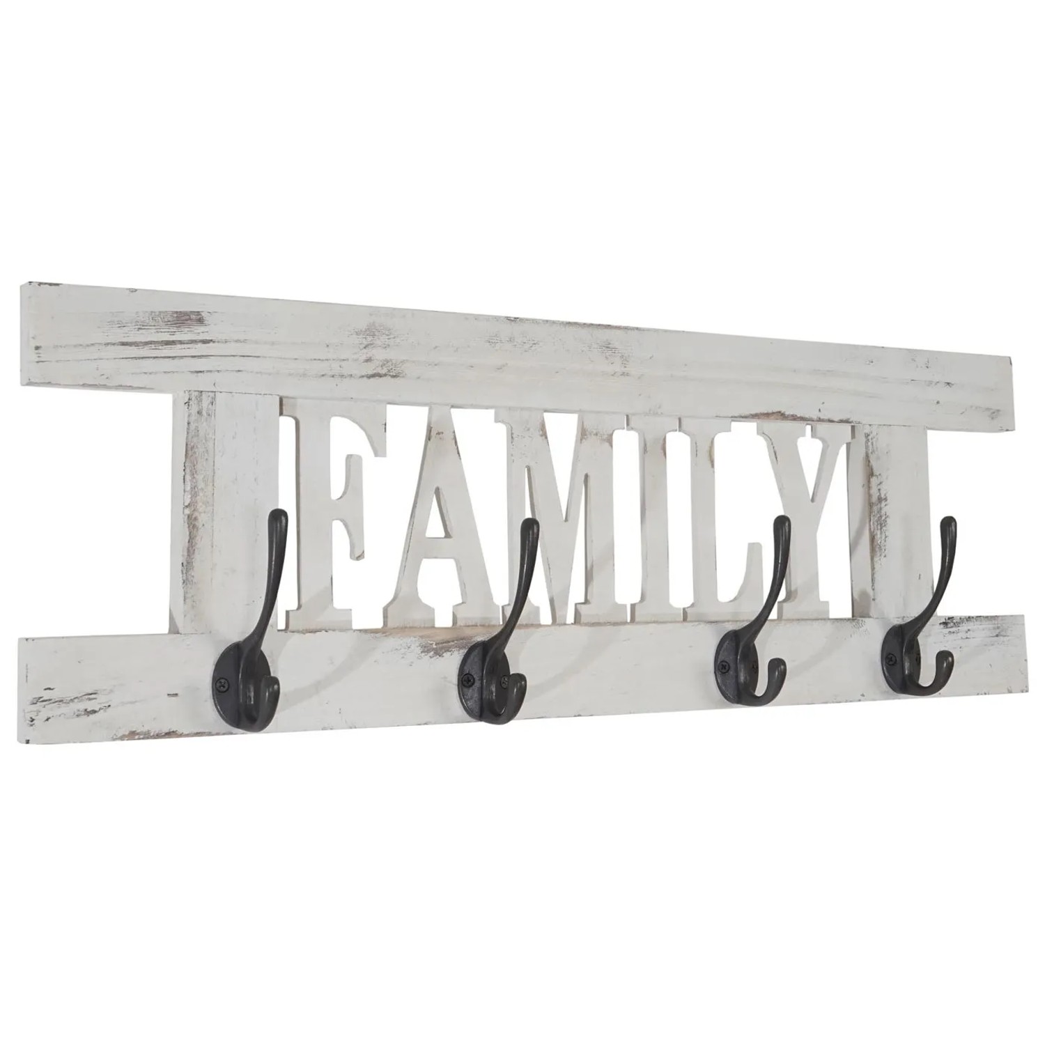 Weiße MCW Wandgarderobe im Shabby-Look mit 4 Haken und "Family" Schriftzug.