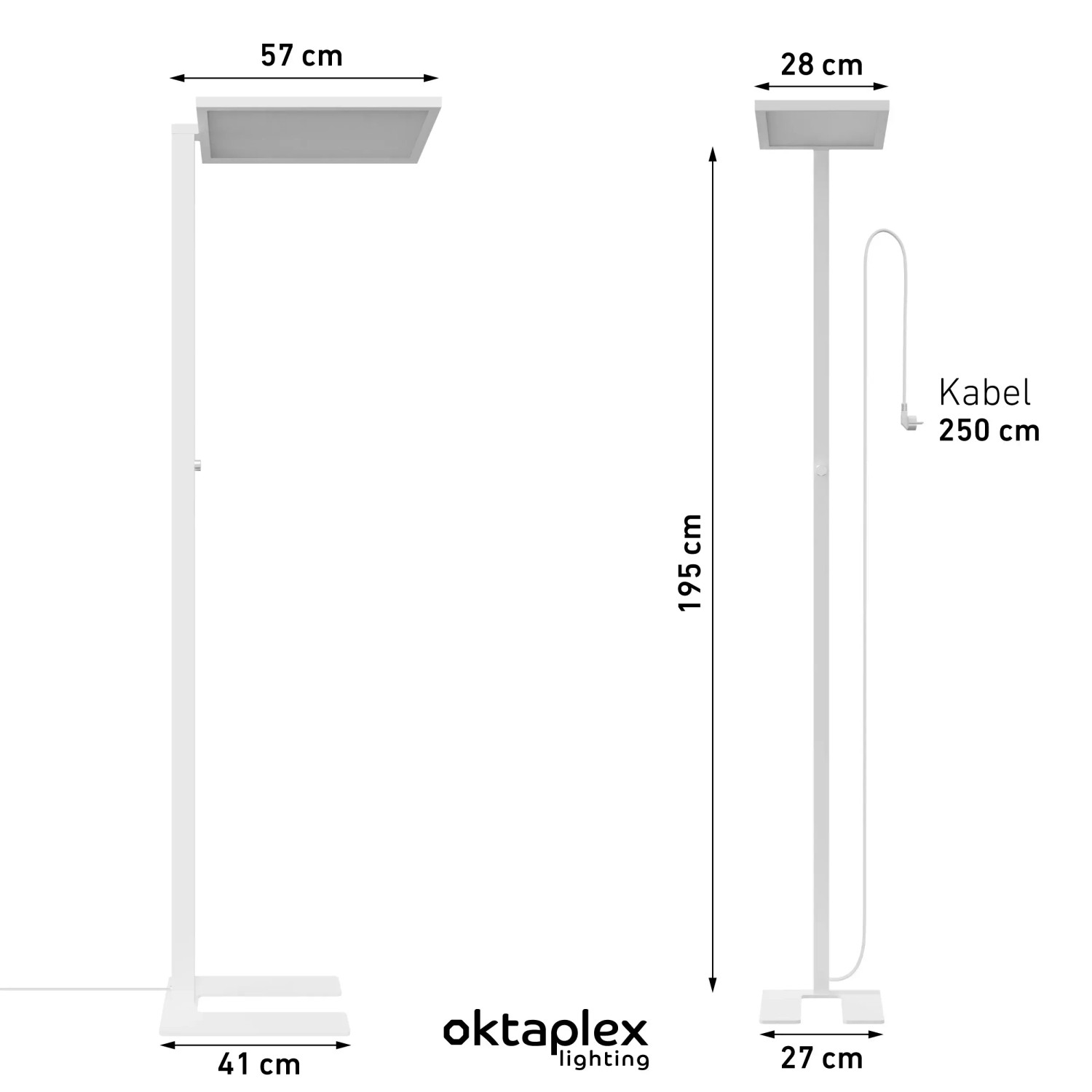 Oktaplex Malmö LED Stehlampe, weiß, mit Maßangaben zu Höhe, Breite und Tiefe.