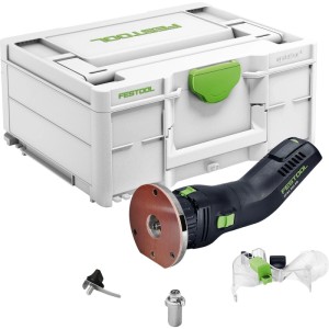 Festool Akku-Kantenfräse OFKC500-R3 EB-Basic, schwarz-grün, mit weißem Systainer und Fräszubehör. Präzises Handwerkzeug.