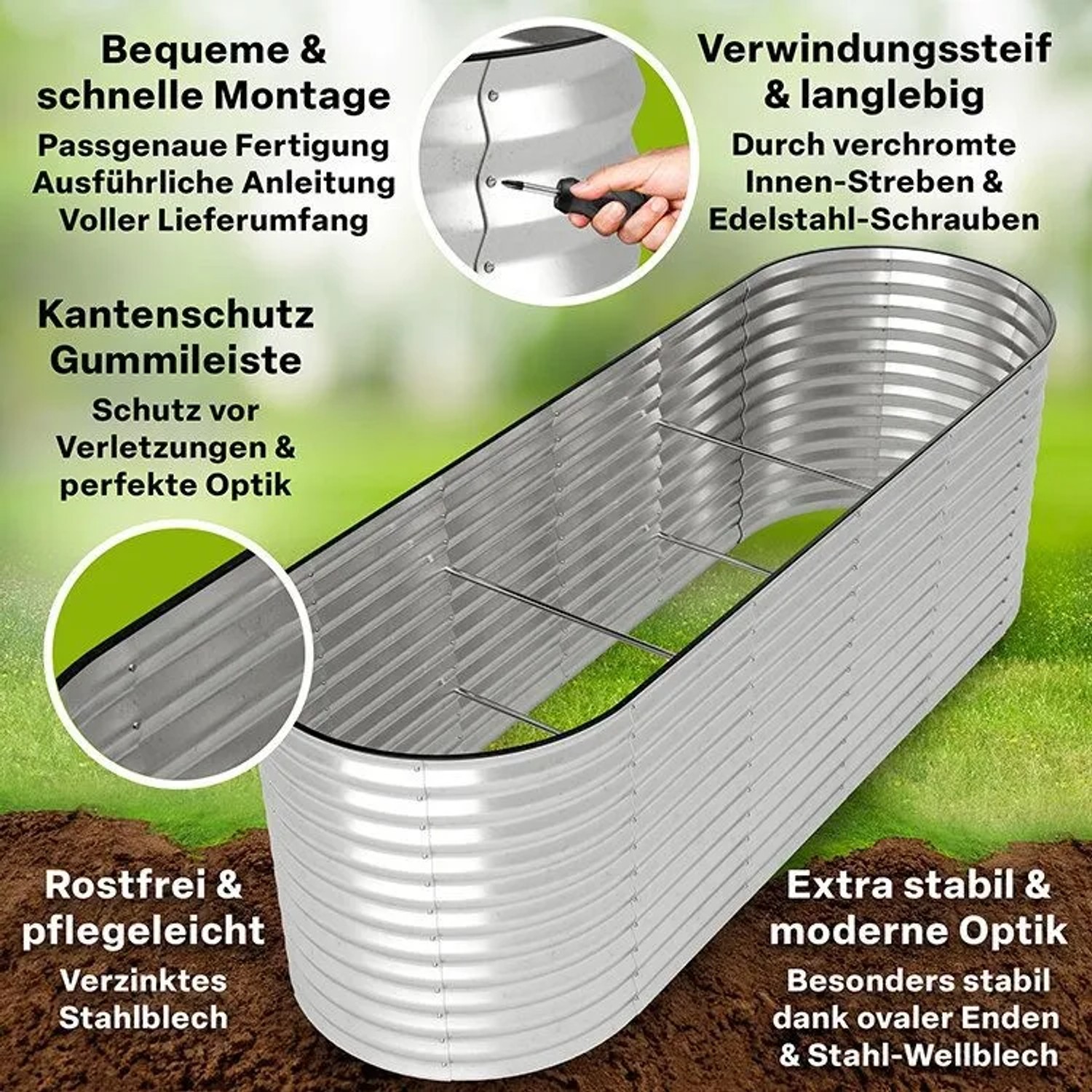 TTL GARDEN Ovales Garten-Hochbeet SPIRIT L 240×80×80 cm – Großes Metall Hochbeet Verzinkt in Silber für Garten & Terrasse_4