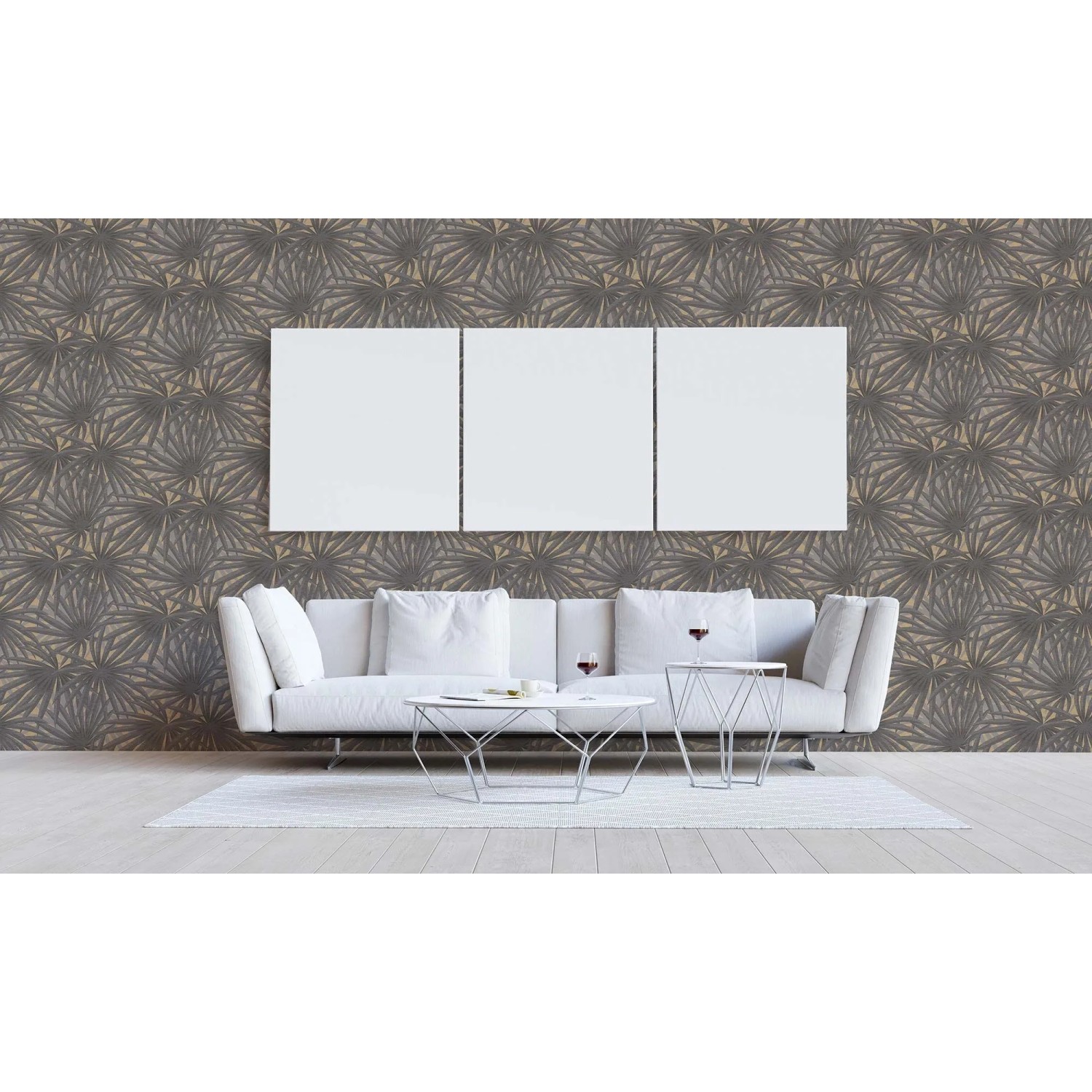 Graue Tadessi Vliestapete mit fächerförmigem Blattmuster im modernen Wohnzimmer. Dekorative Tapete für stilvolle Räume.