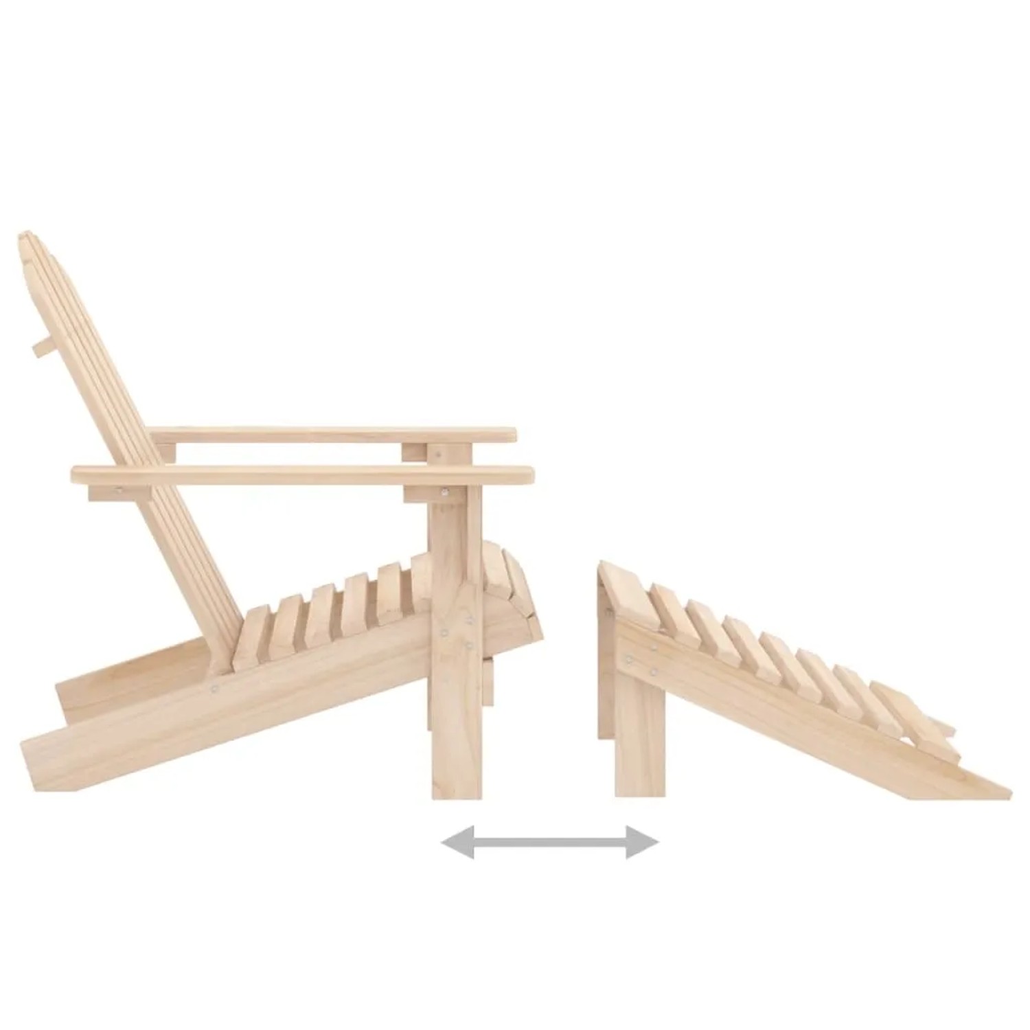 Adirondack Gartenstuhl mit Fußstütze und Tisch aus Tannenholz, seitliche Ansicht.