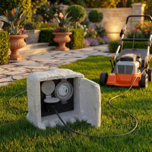 Gartensteckdose in Steinoptik mit zwei Steckdosen und Zeitschaltuhr auf Rasen. Rasenmäher im Garten.