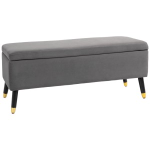 Kohlegraue Sitzbank mit Stauraum, gepolstert, schwarze Beine mit goldenen Spitzen. Ideal als Schuhbank.