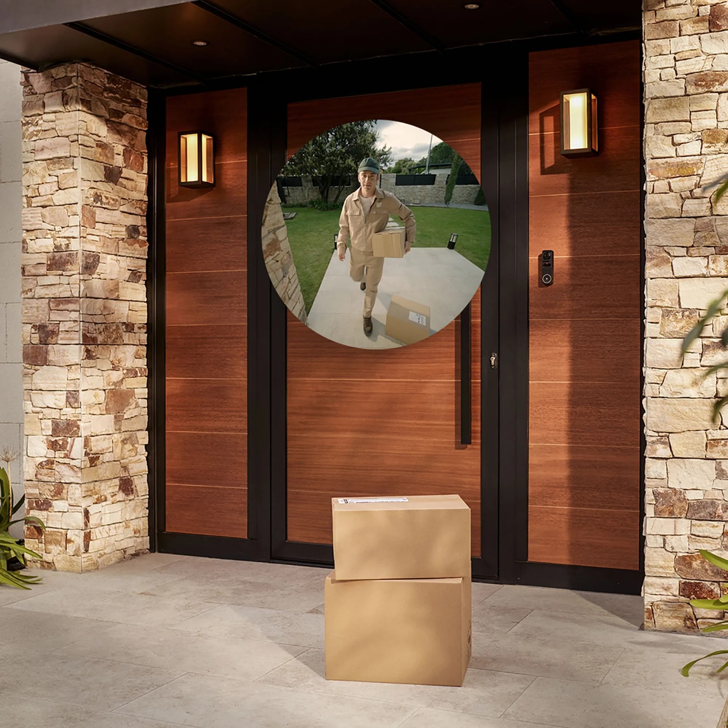Philips Hue Türklingelkamera Secure kabelgebunden in Schwarz mit Paketlieferung vor der Haustür.