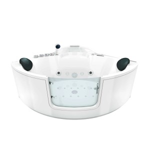 Weiße AcquaVapore Eck-Badewanne W60H 140x140 mit Tür und Whirlpoolfunktion.