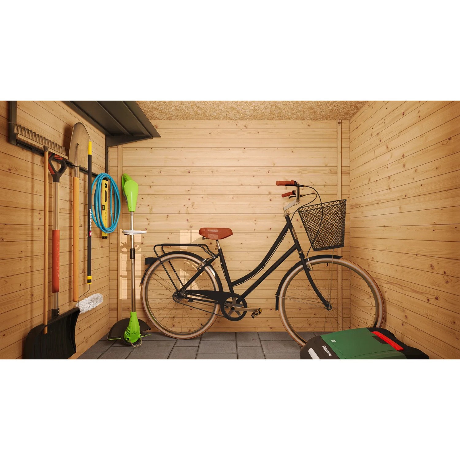 Innenansicht Timbela Holz-Gartenhaus M310C: Fahrrad, Gartengeräte, Holzverkleidung.