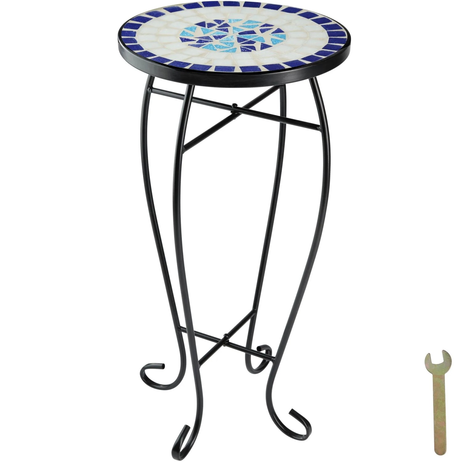 Tectake Balkontisch  Stahl  Mosaik und Zement Rund  30 x 30 x 61 50 cm Weiß Blau