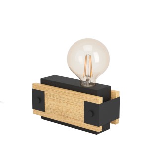 Eglo Tischleuchte Layham im Industrial Design aus Holz und Stahl in Braun-Schwarz.