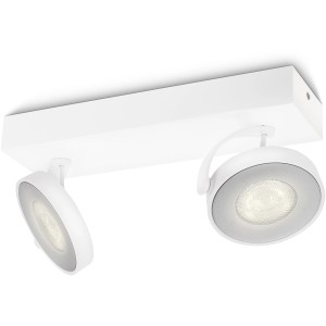 Weißer Philips LED-Spot Clockwork (2er) mit zwei verstellbaren Leuchtenköpfen für warmweißes Licht.