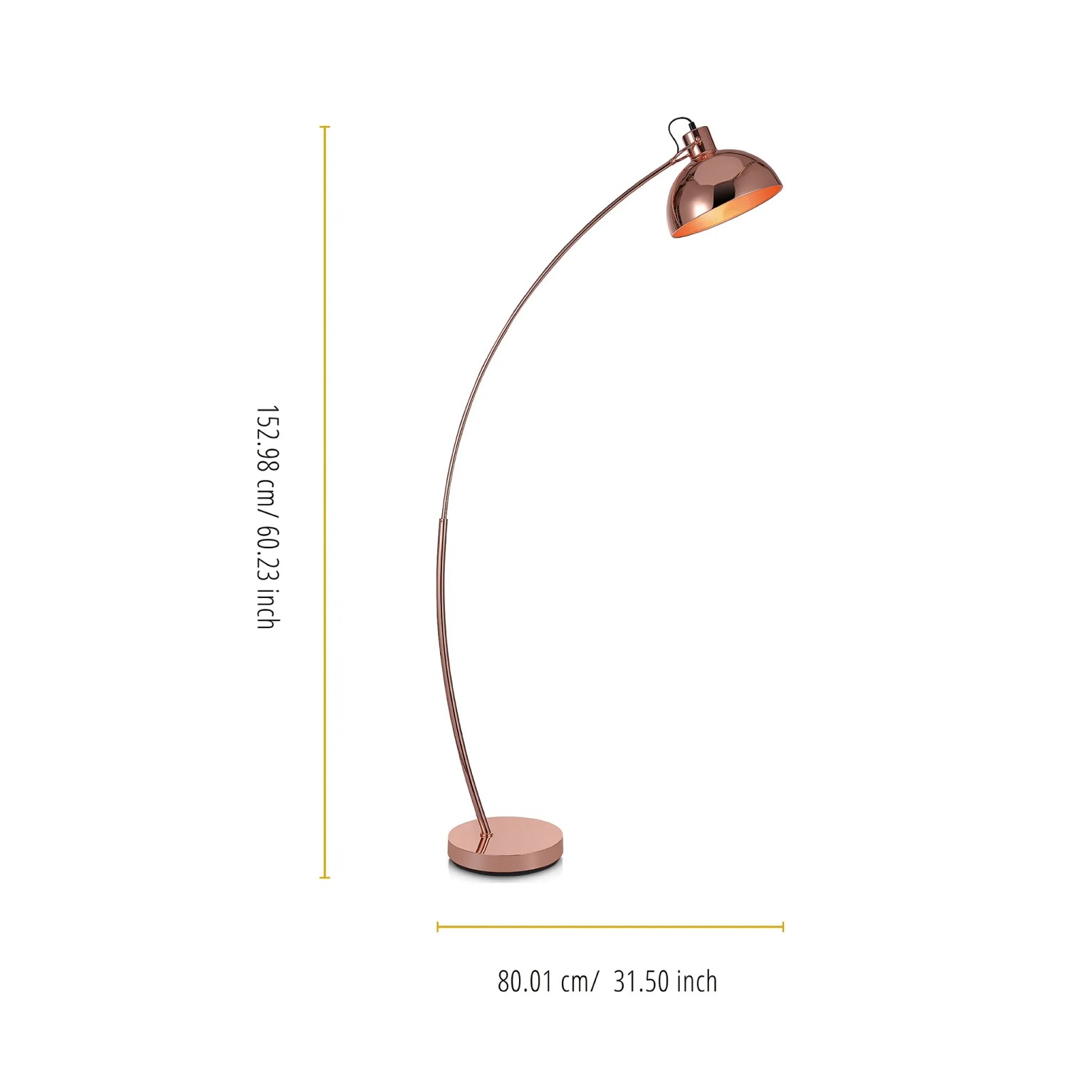Roségoldene Teamson Home Bogenleuchte, 153 cm hoch, mit Glockenschirm im Industrie-Stil.