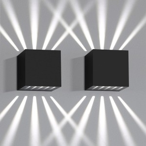 Zwei schwarze, eckige LED-Wandleuchten mit kaltweißem Up-Down-Licht für Innen & Außen, IP65. Ideal für Garten, Terrasse.