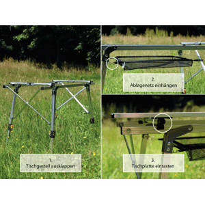 Highfeld Campingtisch aus Aluminium, silber, mit Faltfunktion und Ablagenetz, Montage in 3 Schritten.