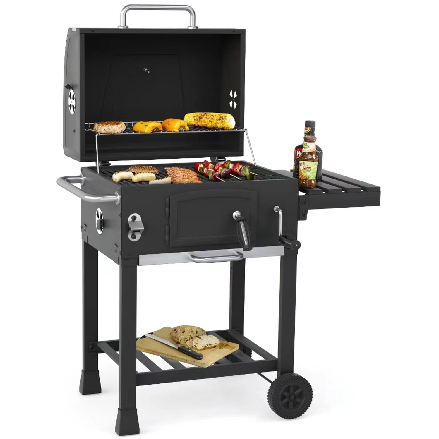 El Fuego Holzkohlegrill Calgary mit Speisen auf dem Grillrost und Ablagefläche.