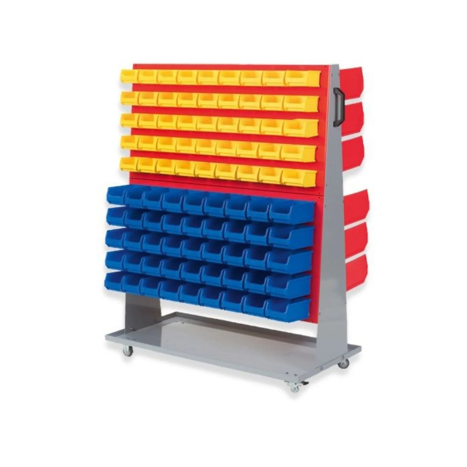 PROREGAL ProfiDrop Systemwagen Rollen mit 45x Gelbe Sichtlagerbox 1,0 und 45x Blaue Sichtlagerbox 2,0 und 36x Rote Sichtlagerbox 3,0 130 x 100 x 50 cm