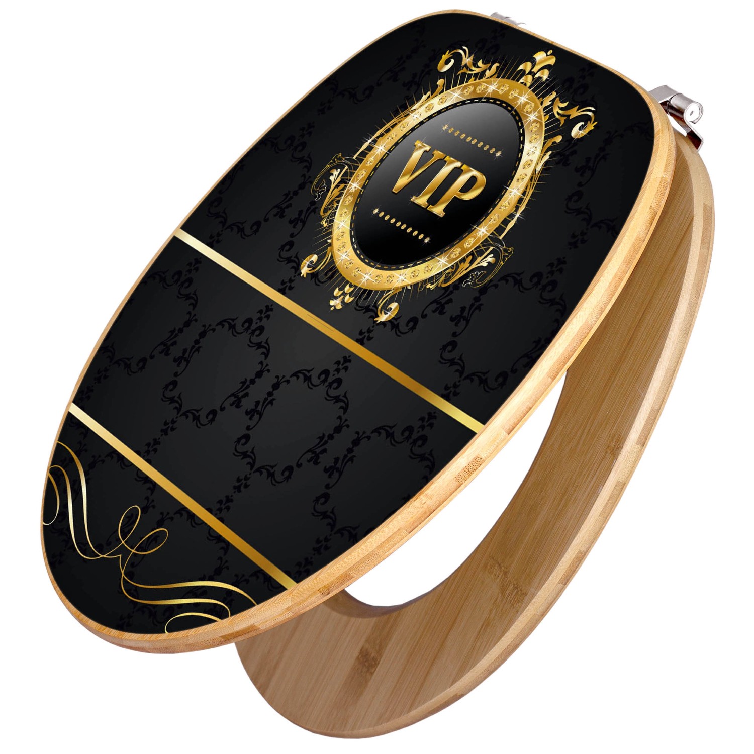 Banjado WC-Sitz aus Bambus mit VIP-Motiv, Toilettendeckel aus Holz mit Universal-Scharnieren.