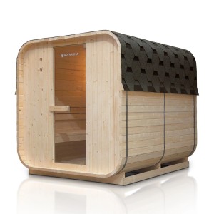 Artsauna Cube Fasssauna Nolvik XL: Quadratische Gartensauna aus Fichte mit Dachschindeln.