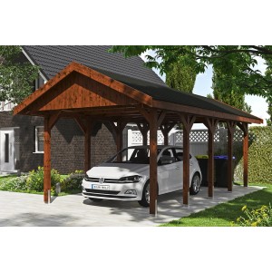 Satteldach-Carport Wallgau in Nussbaum mit schwarzen Dachschindeln und geparktem Auto.