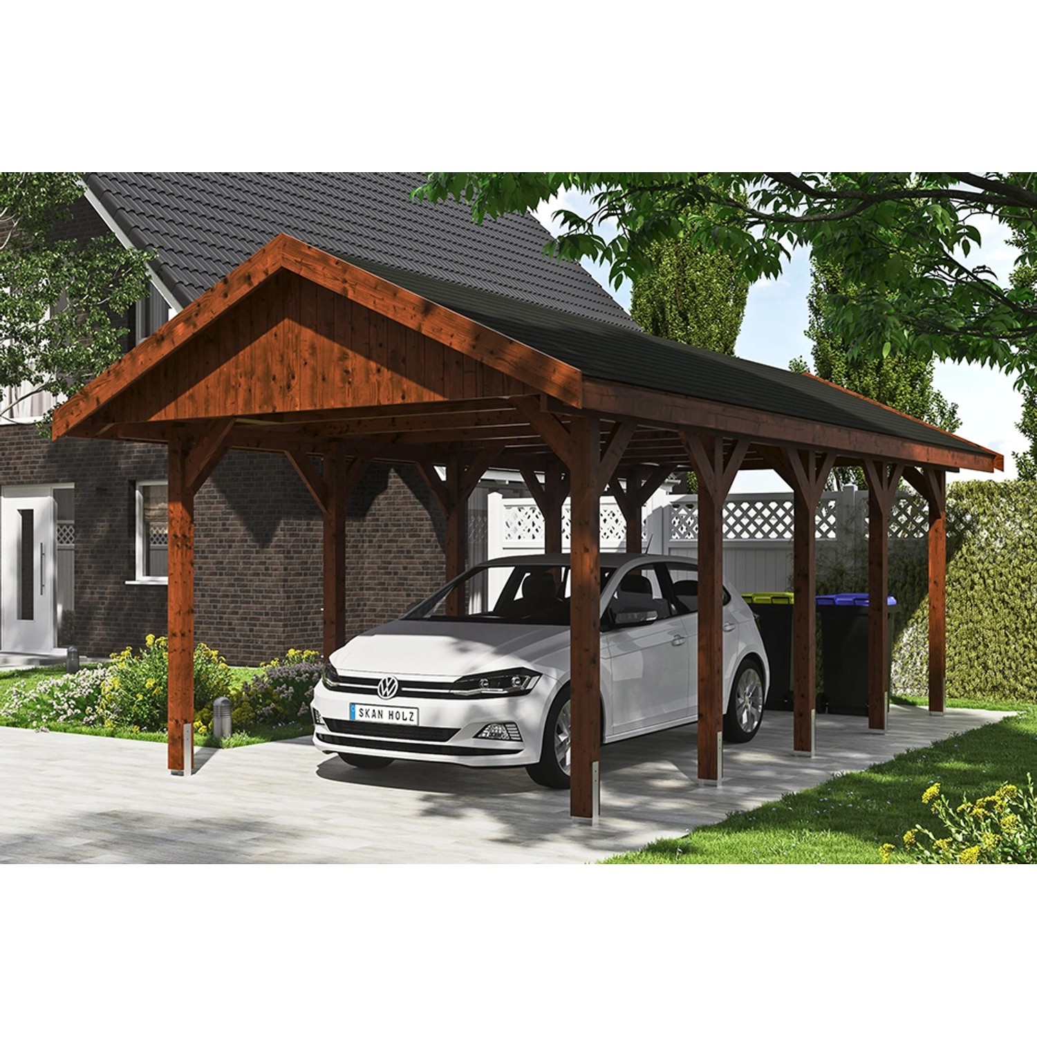 Satteldach-Carport Wallgau Nussbaum 380 x 750 cm schwarze Schindeln