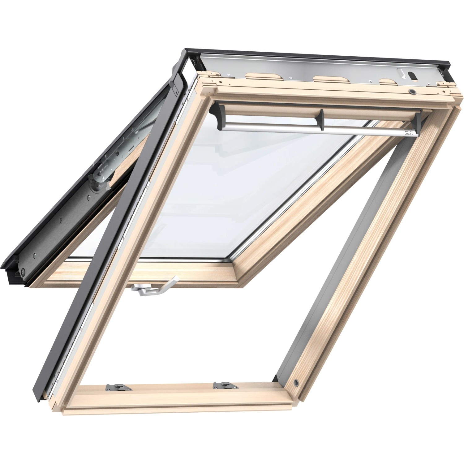 Velux Klapp-Schwingfenster GPL MK08, 78x140 cm, klar lackiert, geöffnet.