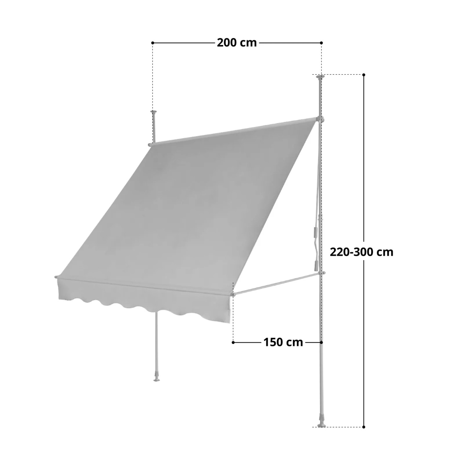 Beige Klemmmarkise 150x200cm für Balkon, ohne Bohren montiert, mit Handkurbel für Sonnenschutz.