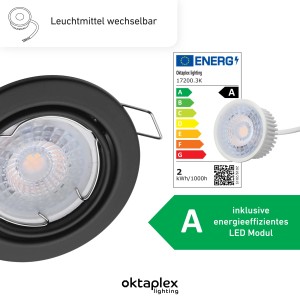 Oktaplex Dijon Deckenstrahler Set, 9 schwarze Einbauleuchten mit LED Modul und Energieeffizienzlabel.