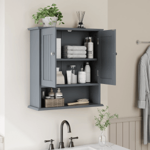 PXloue Wandschrank Badezimmerschrank Wandregal  mit 2 Türen und Offenen Fächern MDF mit Verstellbaren Einlegeböden Weiß