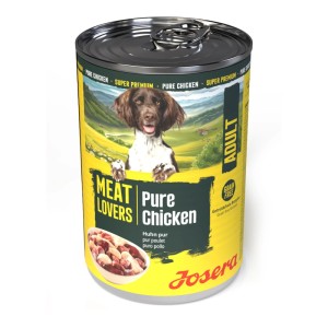 Josera Hunde-Nassfutter Meat Lovers Adult Pure Chicken, 400g Dose mit Hundeabbildung.