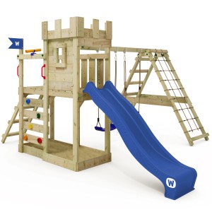 Wickey Spielturm GateFlyer mit blauer Rutsche, Schaukel, Kletterwand und Sandkasten.