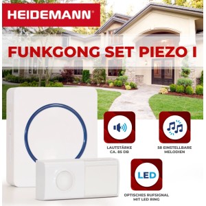 Heidemann Funkgong Set Piezo I, weiß-blau. Batterielose Türklingel mit LED-Rufsignal und 58 Melodien.