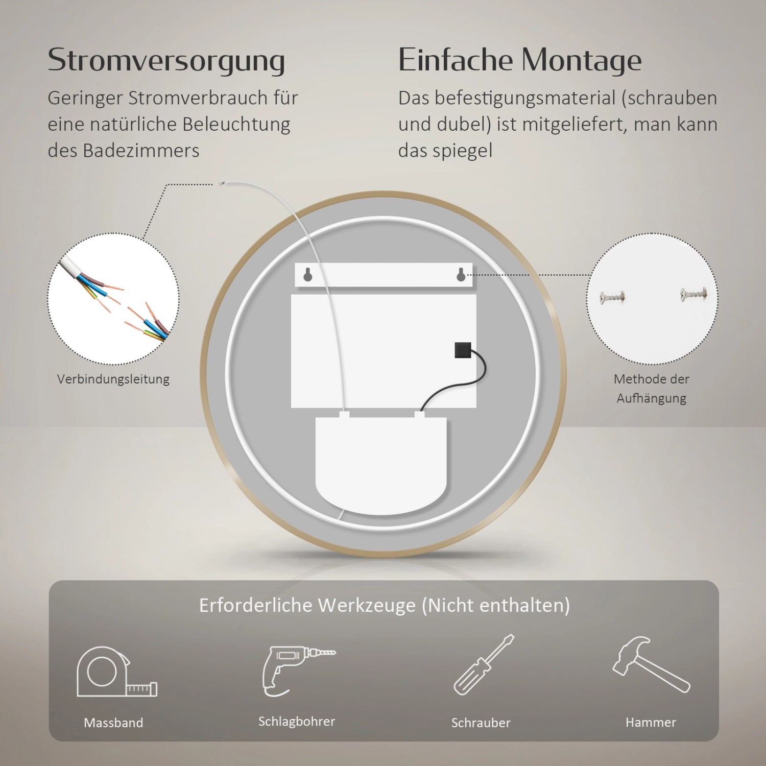 Montagehinweis: Emke LED Badspiegel rund, 60 cm, mit gebürstetem Goldrahmen. Benötigtes Werkzeug und Stromanschluss dargestellt.