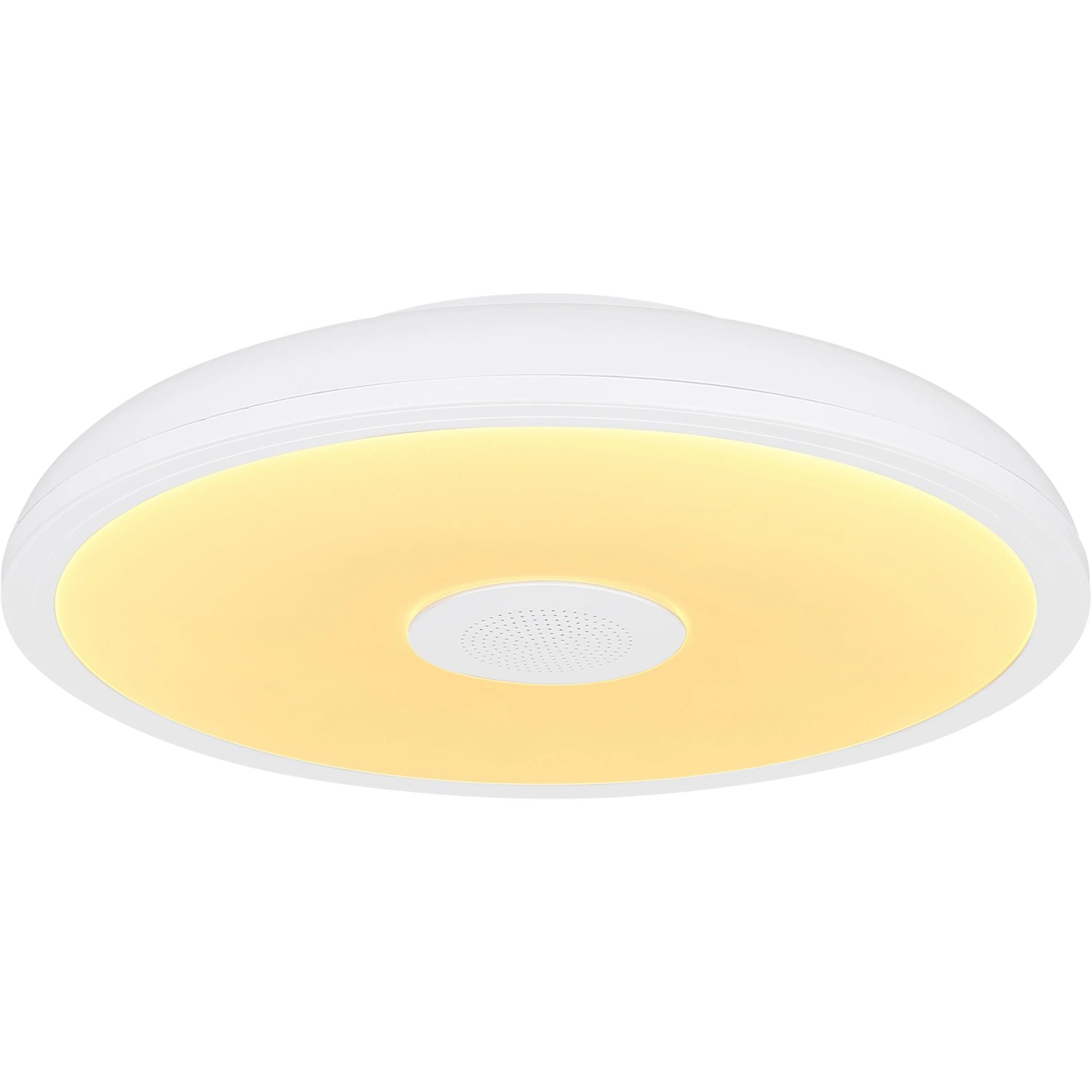 Weiße Globo LED-Deckenleuchte Raffy, Ø 28 cm, mit Lautsprecher für Bad und Wohnraum.