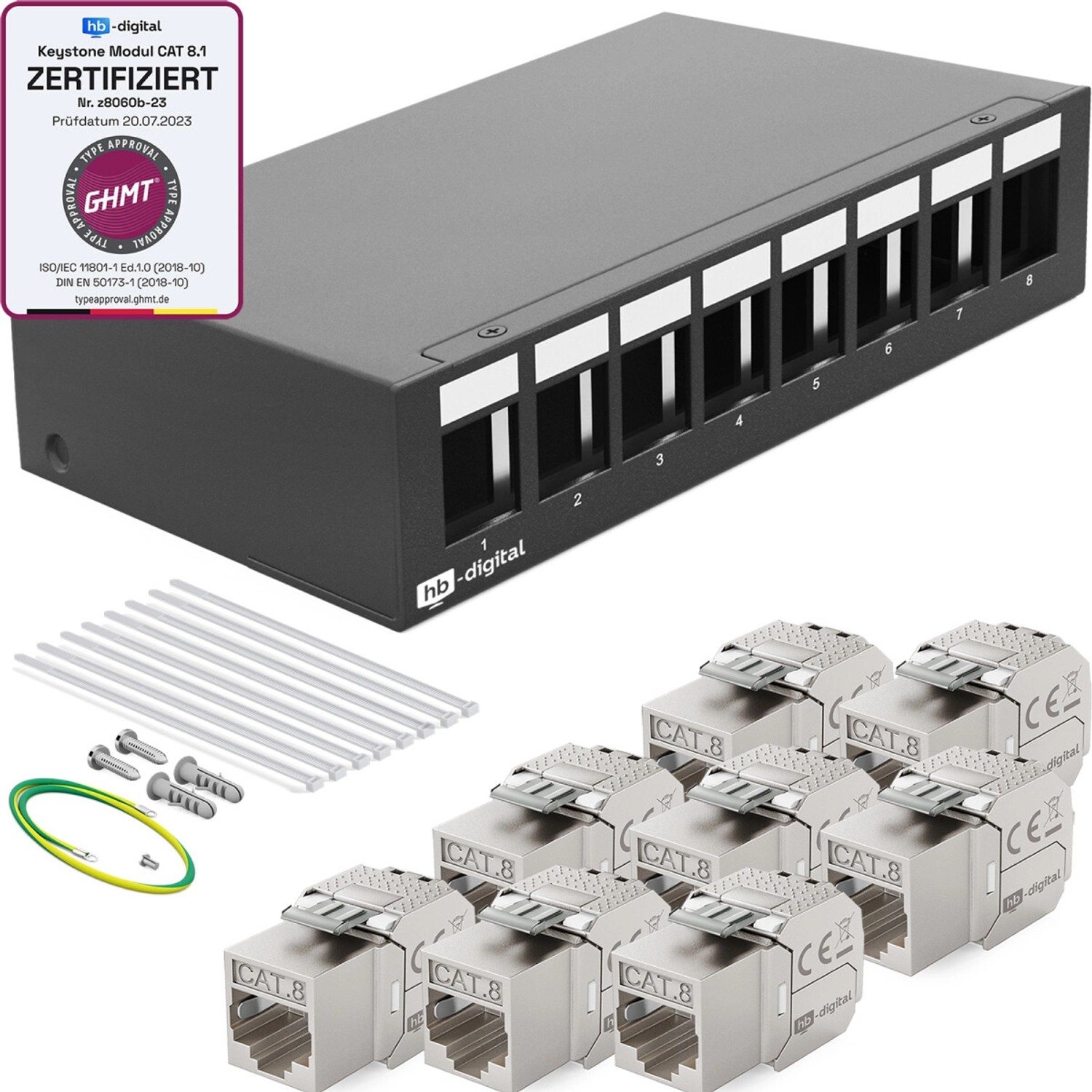 hb-digital Patchpanel 8 Port mit 8x Keystone Module Cat 8 Schwarz