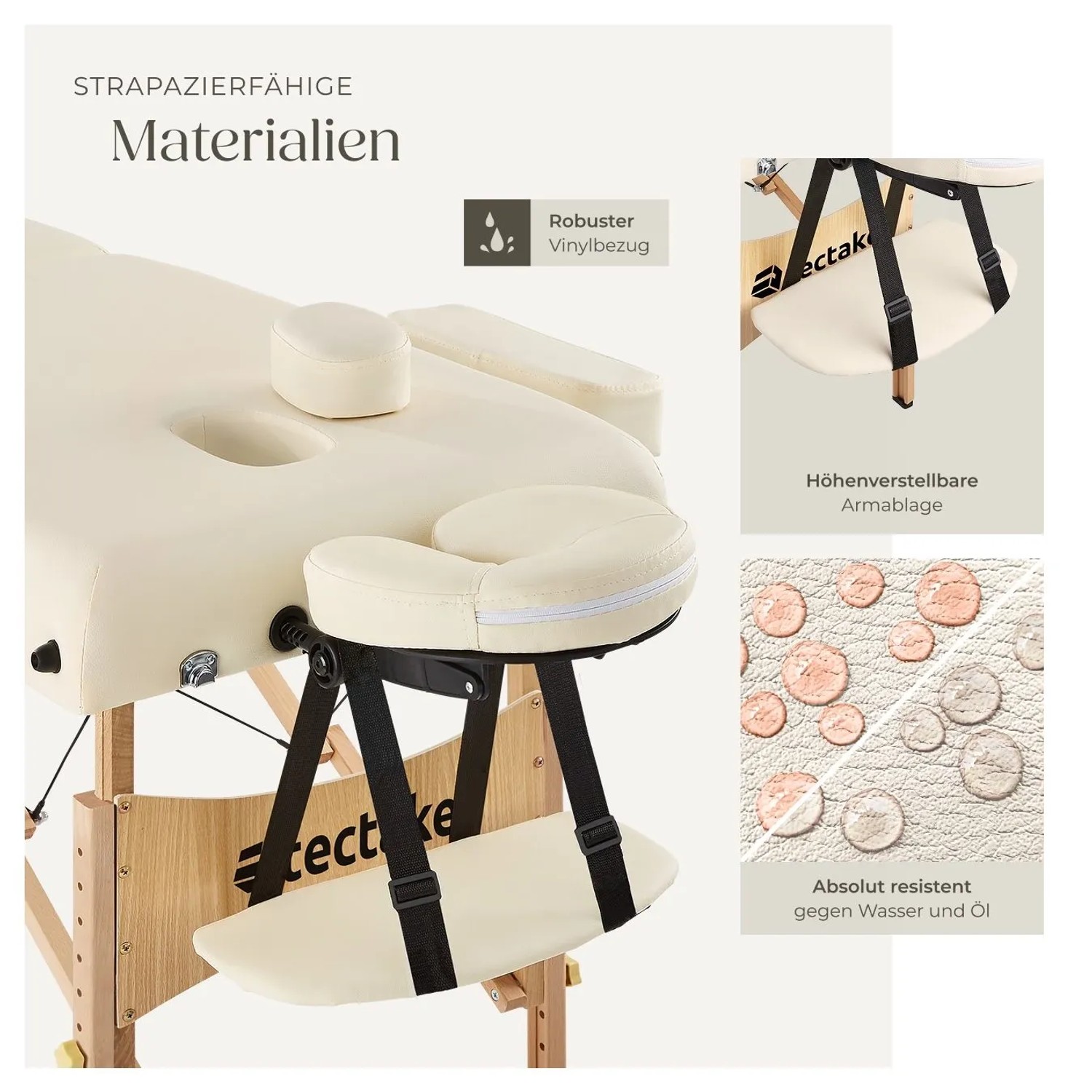 Beige Tectake Massageliege (59 cm breit) mit Zubehör: Lagerungsrollen, Tragetasche, verstellbare Armablage.