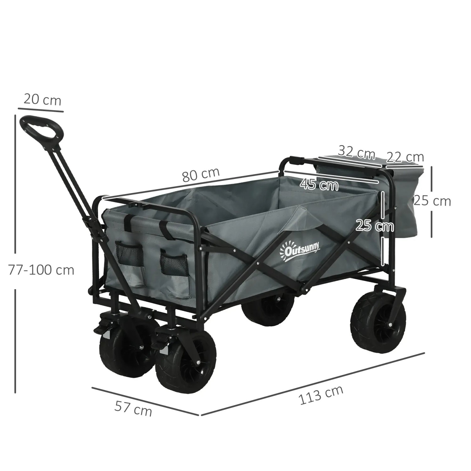 Outsunny Gartenwagen, Stahl, Oxford Grau, 113x57x77-100cm, mit Kühltasche.