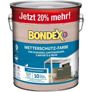Dose Bondex Wetterschutz-Farbe Grün-Grau, geeignet für Fassaden, Gartenhäuser und Carports.