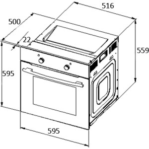 Skizze des PKM Einbaubackofen EBO9.4 Schwarz mit Maßangaben für den Einbau.