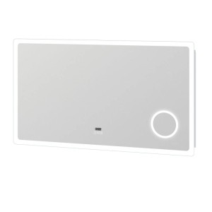 Rechteckiger Badezimmerspiegel 140x80cm mit LED-Beleuchtung, digitaler Uhr und Touch-Bedienfeld für Bad und WC.