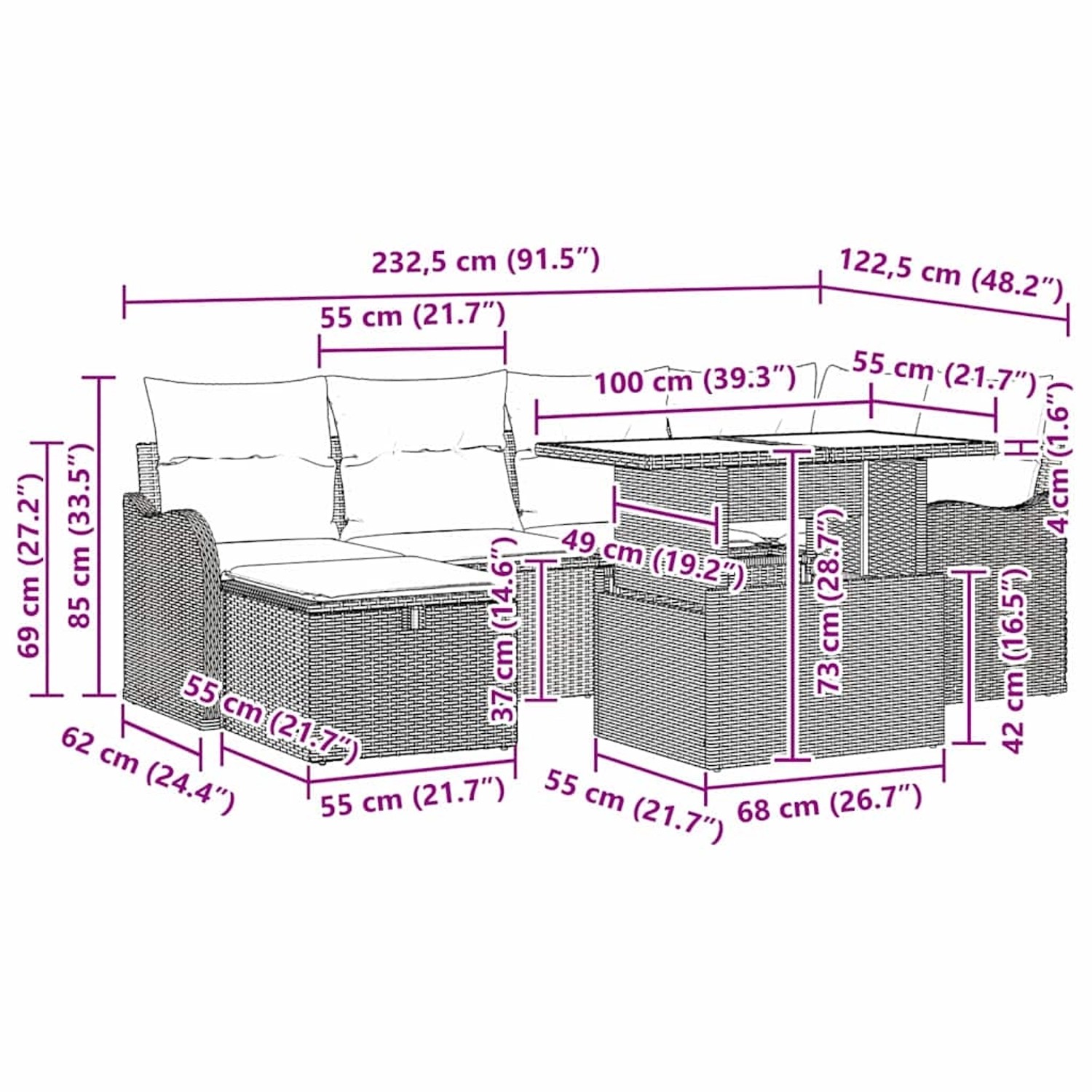 vidaXL Gartenmöbel-Set, 7-teilig, schwarz, Poly Rattan, mit Maßen. Ideal für Terrasse und Garten.