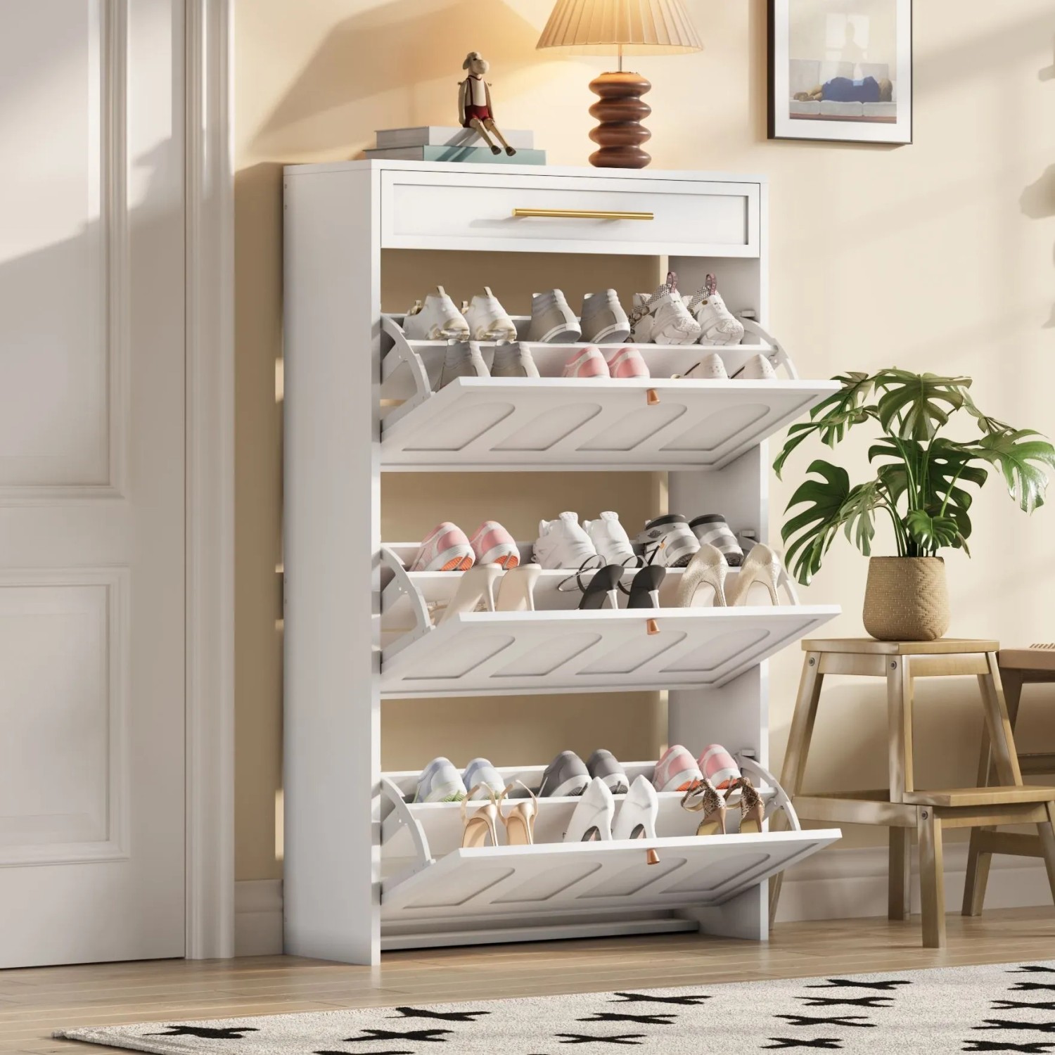 Merax Schuhschrank mit 6 Fächern Schublade MDF Weiß 70x25x124 cm