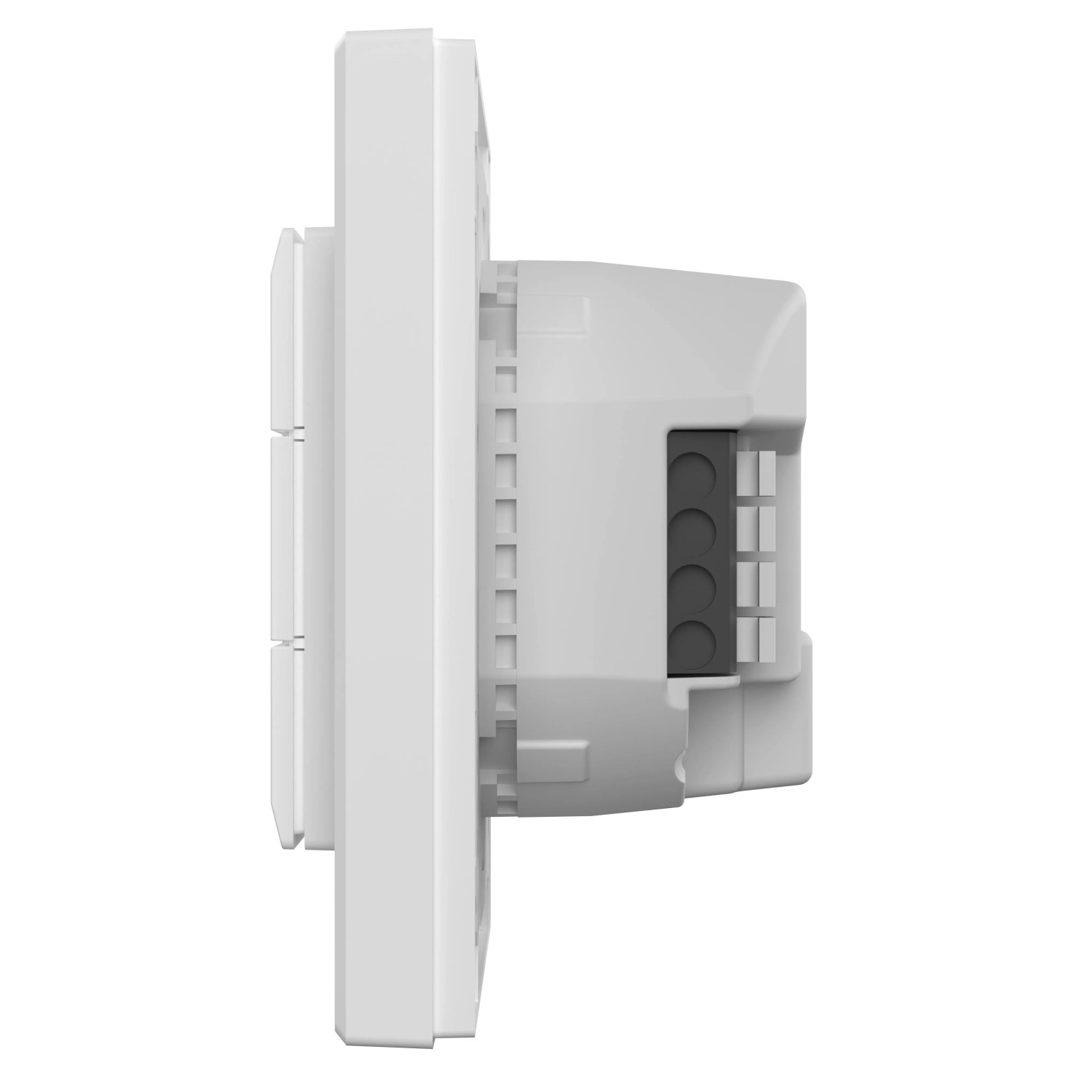 Homematic IP Wandtaster 6-fach, 230V, weiße Seitenansicht. Zeigt Tasten und Unterputz-Anschlüsse für Hausautomation.