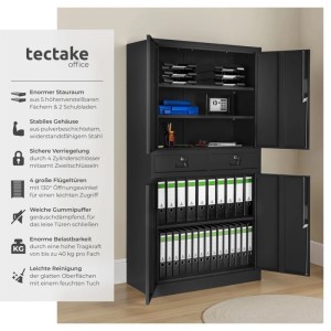 Schwarzer Tectake Aktenschrank aus Stahl mit Flügeltüren und Schubladen, geöffnet.