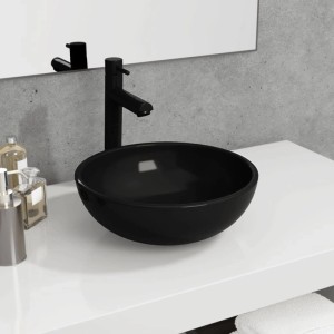 Schwarzes vidaXL Waschbecken aus Hartglas, rund, 35x12 cm, auf weißer Ablage mit Armatur.