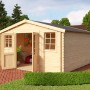 Lasita Holz-Gartenhaus Wels 4, naturbelassen mit geöffneter Doppeltür und Fenster.